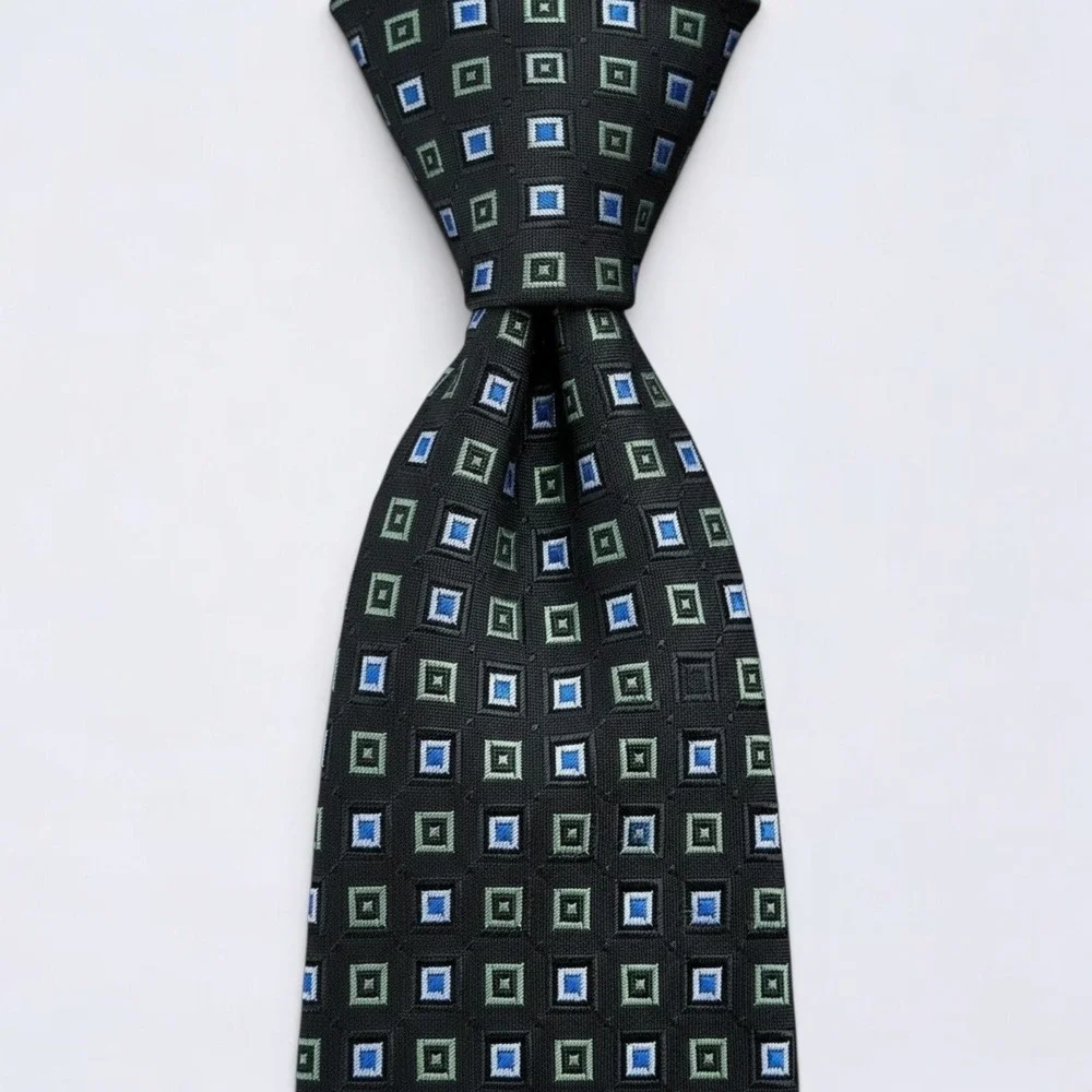 BOSS Hugo Boss Tie Adult Black Blue Green Geometric Square Silk Made in Italy
